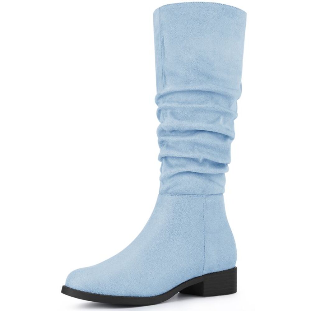 Round Toe Slouches Block Heels Knee High Boots Sky Blue